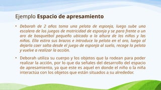 Ejemplo Espacio de apresamiento
• Deborah de 2 años toma una pelota de esponja, luego sube una
escalera de los juegos de motricidad de esponja y se para frente a un
aro de basquetbol pequeño ubicado a la altura de los niños y las
niñas. Ella estira sus brazos e introduce la pelota en el aro, luego al
dejarla caer salta desde el juego de esponja al suelo, recoge la pelota
y vuelve a realizar la acción.
• Deborah utiliza su cuerpo y los objetos que la rodean para poder
realizar la acción, por lo que da señales del desarrollo del espacio
de apresamiento, ya que este es aquel en donde el niño o la niña
interactúa con los objetos que están situados a su alrededor.
 