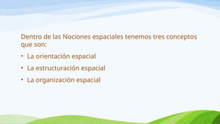Dentro de las Nociones espaciales tenemos tres conceptos
que son:
• La orientación espacial
• La estructuración espacial
• La organización espacial
 