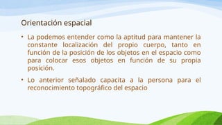 Orientación espacial
• La podemos entender como la aptitud para mantener la
constante localización del propio cuerpo, tanto en
función de la posición de los objetos en el espacio como
para colocar esos objetos en función de su propia
posición.
• Lo anterior señalado capacita a la persona para el
reconocimiento topográfico del espacio
 
