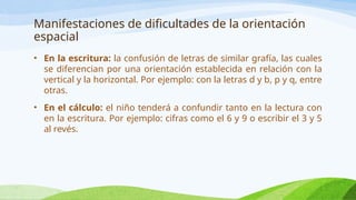 Manifestaciones de dificultades de la orientación
espacial
• En la escritura: la confusión de letras de similar grafía, las cuales
se diferencian por una orientación establecida en relación con la
vertical y la horizontal. Por ejemplo: con la letras d y b, p y q, entre
otras.
• En el cálculo: el niño tenderá a confundir tanto en la lectura con
en la escritura. Por ejemplo: cifras como el 6 y 9 o escribir el 3 y 5
al revés.
 