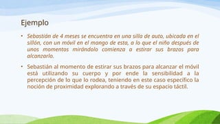 Ejemplo
• Sebastián de 4 meses se encuentra en una silla de auto, ubicada en el
sillón, con un móvil en el mango de esta, a lo que el niño después de
unos momentos mirándolo comienza a estirar sus brazos para
alcanzarlo.
• Sebastián al momento de estirar sus brazos para alcanzar el móvil
está utilizando su cuerpo y por ende la sensibilidad a la
percepción de lo que lo rodea, teniendo en este caso específico la
noción de proximidad explorando a través de su espacio táctil.
 