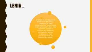 LENIN…
El Estado es “un órgano de
dominación de clase (...)
creado por la clase
dominante”, un “instrumento
para la explotación de la clase
oprimida”, siendo la
burocracia y el ejército
permanente “las dos
instituciones más
características de esa
máquina del Estado”
 