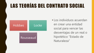 LAS TEORÍAS DEL CONTRATO SOCIAL
Hobbes Locke
Rousseaud
• Los individuos acuerdan
en crear una entidad
social para vencer las
desventajas de un real o
hipotético “Estado de
Naturaleza”
 