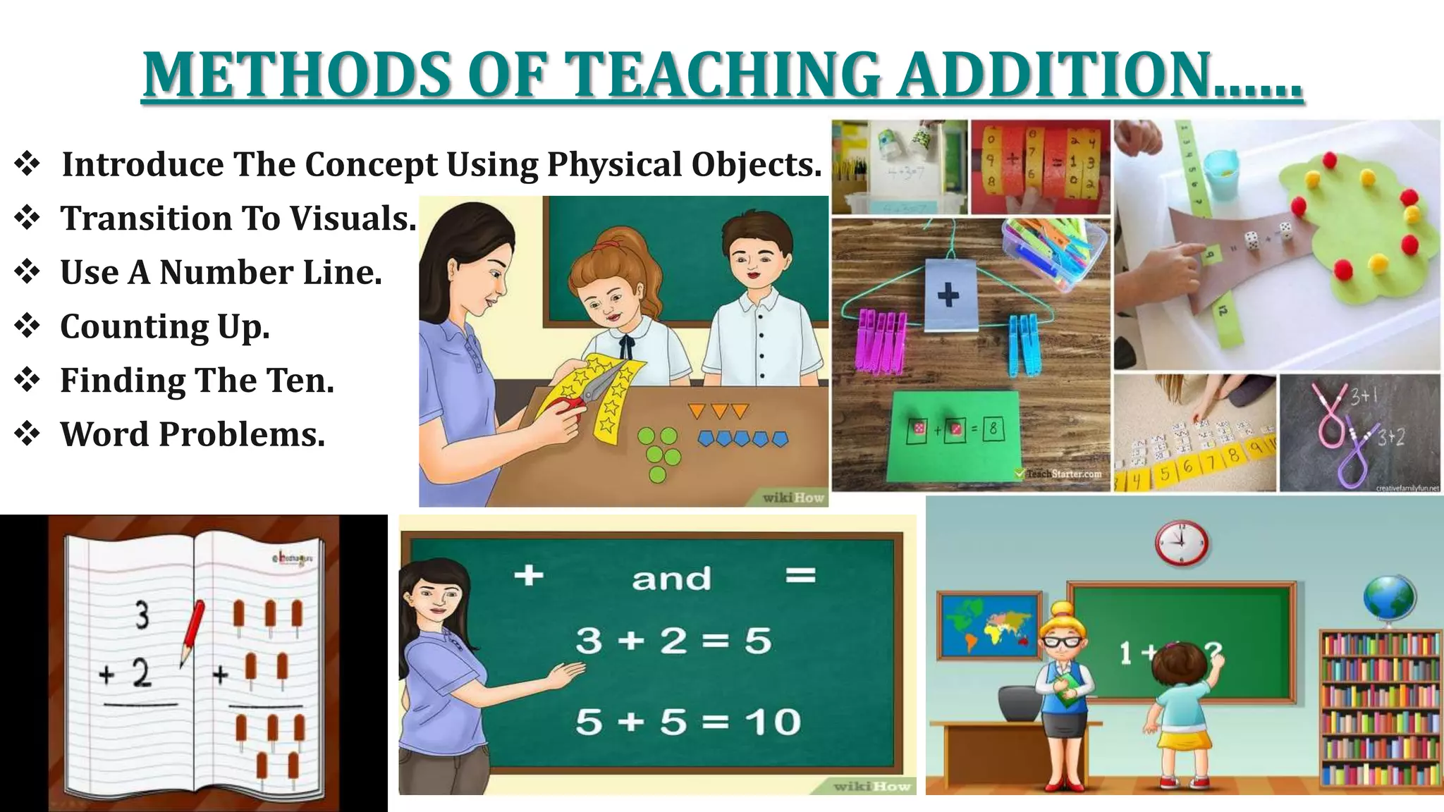 METHODS OF TEACHING ADDITION......
 Introduce The Concept Using Physical Objects.
 Transition To Visuals.
 Use A Number Line.
 Counting Up.
 Finding The Ten.
 Word Problems.
 