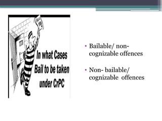 • Bailable/ non-
cognizable offences
• Non- bailable/
cognizable offences
 