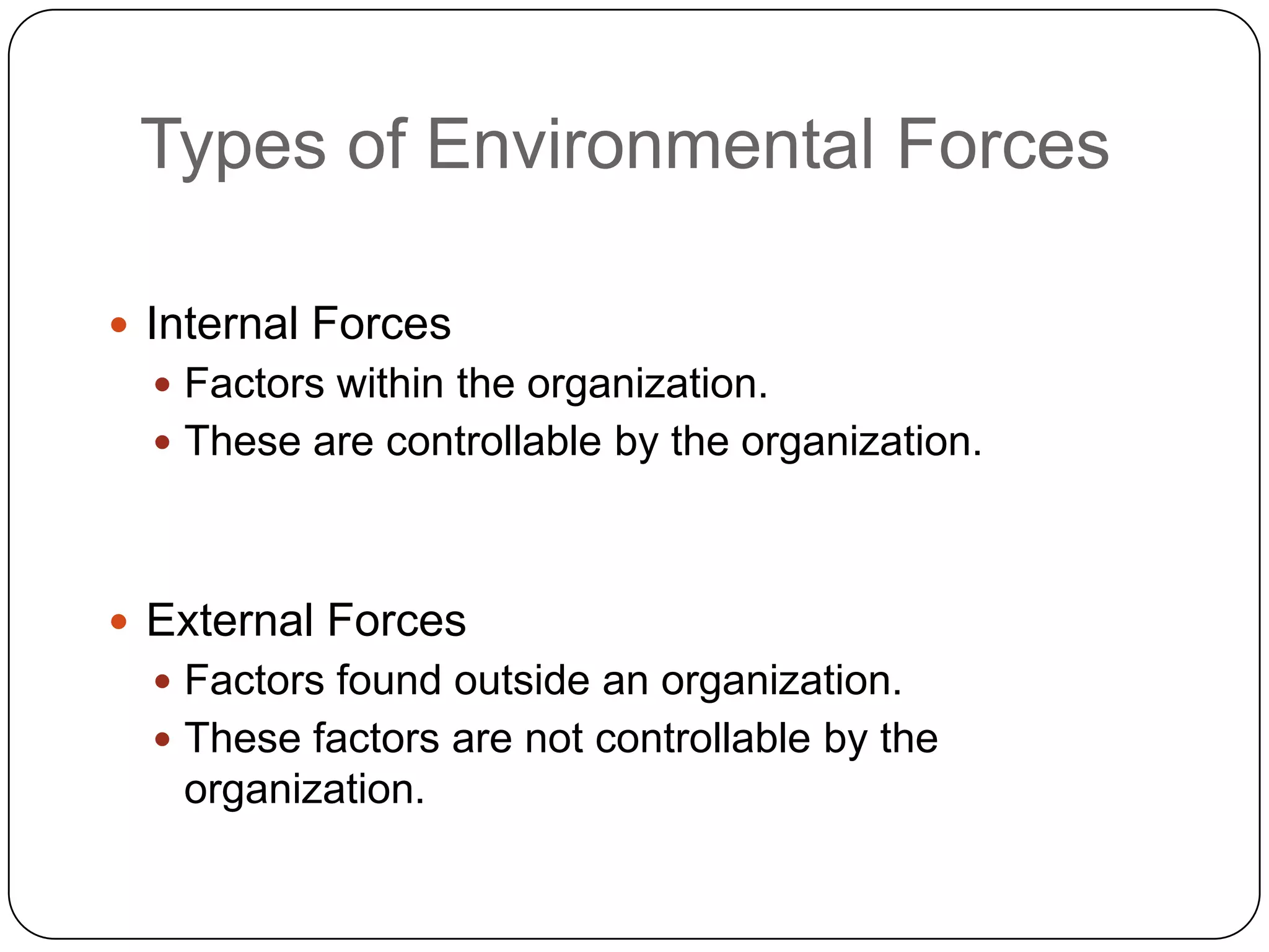 Types of Environmental Forces

 Internal Forces
   Factors within the organization.
   These are controllable by the organization.




 External Forces
   Factors found outside an organization.
   These factors are not controllable by the
   organization.
 