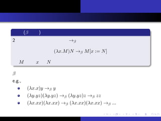 ԼB
θ
vBҰ
ޤȤ
Ȥϣ
Ӌ
Υǥ
ӋԤvY
Ӌ
x ( s)
2 ĤΥ헤gvS  ΤǶ
(x.M)N  M[x := N]
 M Ф x  N äQ
 sϣӋˤ롸Ӌ㡹
e.g.,
(x.x)y  y
(y.yz)(y.yz)  (y.yz)z  zz
(x.xx)(x.xx)  (x.xx)(x.xx)  ...
R ų Ȥ
 