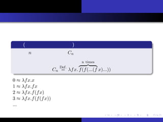 ԼB
θ
vBҰ
ޤȤ
Ȥϣ
Ӌ
Υǥ
ӋԤvY
Ӌ
ӋȻȣȻϤF
x (Ȼ)
Ȼ n  Cn ΤǶ
Cn
Def.
= fx.
n times
f(f(...(f x)...))
0  fx.x
1  fx.fx
2  fx.f(fx)
3  fx.f(f(fx))
...
R ų Ȥ
 
