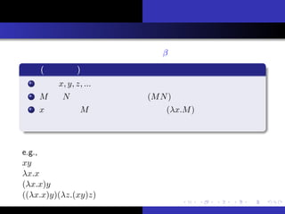 ԼB
θ
vBҰ
ޤȤ
Ȥϣ
Ӌ
Υǥ
ӋԤvY
Ӌ
ޤӋλ    s x
x ()
1  x, y, z, ... ϥ
2 M  N 헤ΤȤ(MN) ϥ
3 x M 헤ΤȤ(x.M) ϥ
x򡸎{ĶxȤ
e.g.,
xy
x.x
(x.x)y
((x.x)y)(z.(xy)z)
R ų Ȥ
 