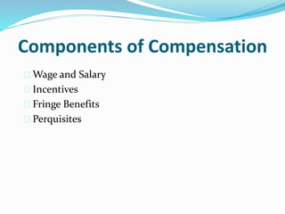 Components of Compensation 
 Wage and Salary 
 Incentives 
 Fringe Benefits 
 Perquisites 
 