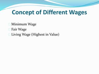 Concept of Different Wages 
 Minimum Wage 
 Fair Wage 
 Living Wage (Highest in Value) 
 