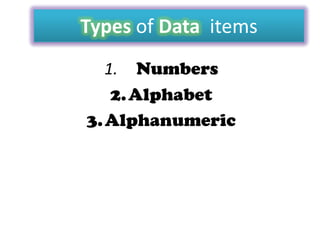 Types of Data items
1. Numbers
2. Alphabet
3. Alphanumeric

 