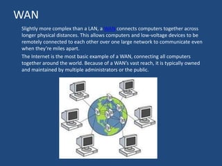 WAN
Slightly more complex than a LAN, a WAN connects computers together across
longer physical distances. This allows computers and low-voltage devices to be
remotely connected to each other over one large network to communicate even
when they’re miles apart.
The Internet is the most basic example of a WAN, connecting all computers
together around the world. Because of a WAN’s vast reach, it is typically owned
and maintained by multiple administrators or the public.
 