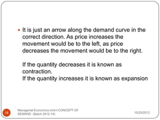  It is just an arrow along the demand curve in the
       correct direction. As price increases the
       movement would be to the left, as price
       decreases the movement would be to the right.

       If the quantity decreases it is known as
       contraction.
       If the quantity increases it is known as expansion




     Managerial Economics Unit-I CONCEPT OF
18   DEMAND (Batch 2012-14)                        10/25/2012
 