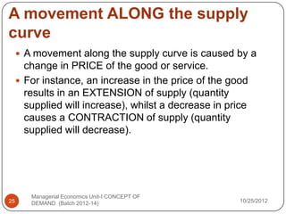 A movement ALONG the supply
curve
      A movement along the supply curve is caused by a
       change in PRICE of the good or service.
      For instance, an increase in the price of the good
       results in an EXTENSION of supply (quantity
       supplied will increase), whilst a decrease in price
       causes a CONTRACTION of supply (quantity
       supplied will decrease).




        Managerial Economics Unit-I CONCEPT OF
25      DEMAND (Batch 2012-14)                          10/25/2012
 