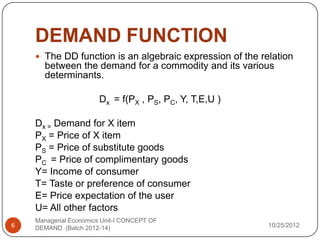 DEMAND FUNCTION
     The DD function is an algebraic expression of the relation
      between the demand for a commodity and its various
      determinants.

                       Dx = f(PX , PS, PC, Y, T,E,U )

    Dx = Demand for X item
    PX = Price of X item
    PS = Price of substitute goods
    PC = Price of complimentary goods
    Y= Income of consumer
    T= Taste or preference of consumer
    E= Price expectation of the user
    U= All other factors
    Managerial Economics Unit-I CONCEPT OF
6   DEMAND (Batch 2012-14)                                10/25/2012
 