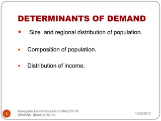 DETERMINANTS OF DEMAND
          Size and regional distribution of population.

        Composition of population.

        Distribution of income.




    Managerial Economics Unit-I CONCEPT OF
8   DEMAND (Batch 2012-14)                           10/25/2012
 