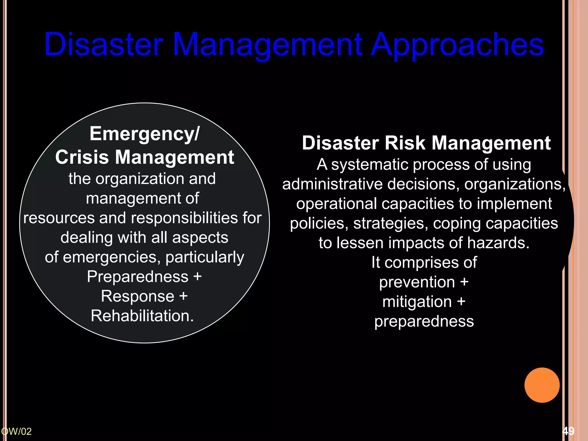 Disaster Management Approaches
Emergency/
Crisis Management
the organization and
management of
resources and responsibilities for
dealing with all aspects
of emergencies, particularly
Preparedness +
Response +
Rehabilitation.

OW/02

Disaster Risk Management
A systematic process of using
administrative decisions, organizations,
operational capacities to implement
policies, strategies, coping capacities
to lessen impacts of hazards.
It comprises of
prevention +
mitigation +
preparedness

49

 