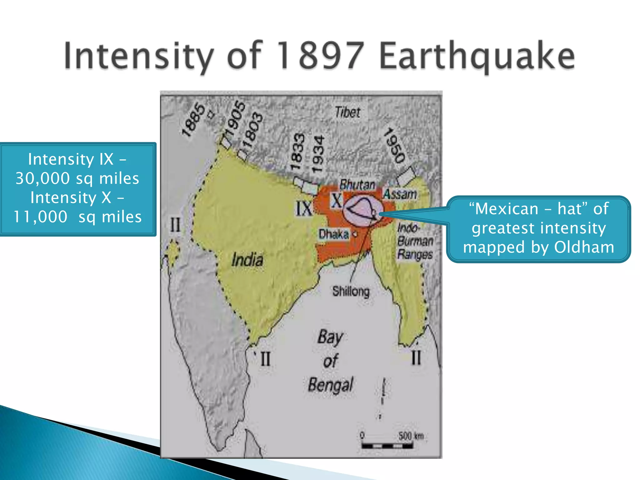 Intensity IX –
30,000 sq miles
   Intensity X –
                   “Mexican – hat” of
11,000 sq miles
                    greatest intensity
                   mapped by Oldham
 