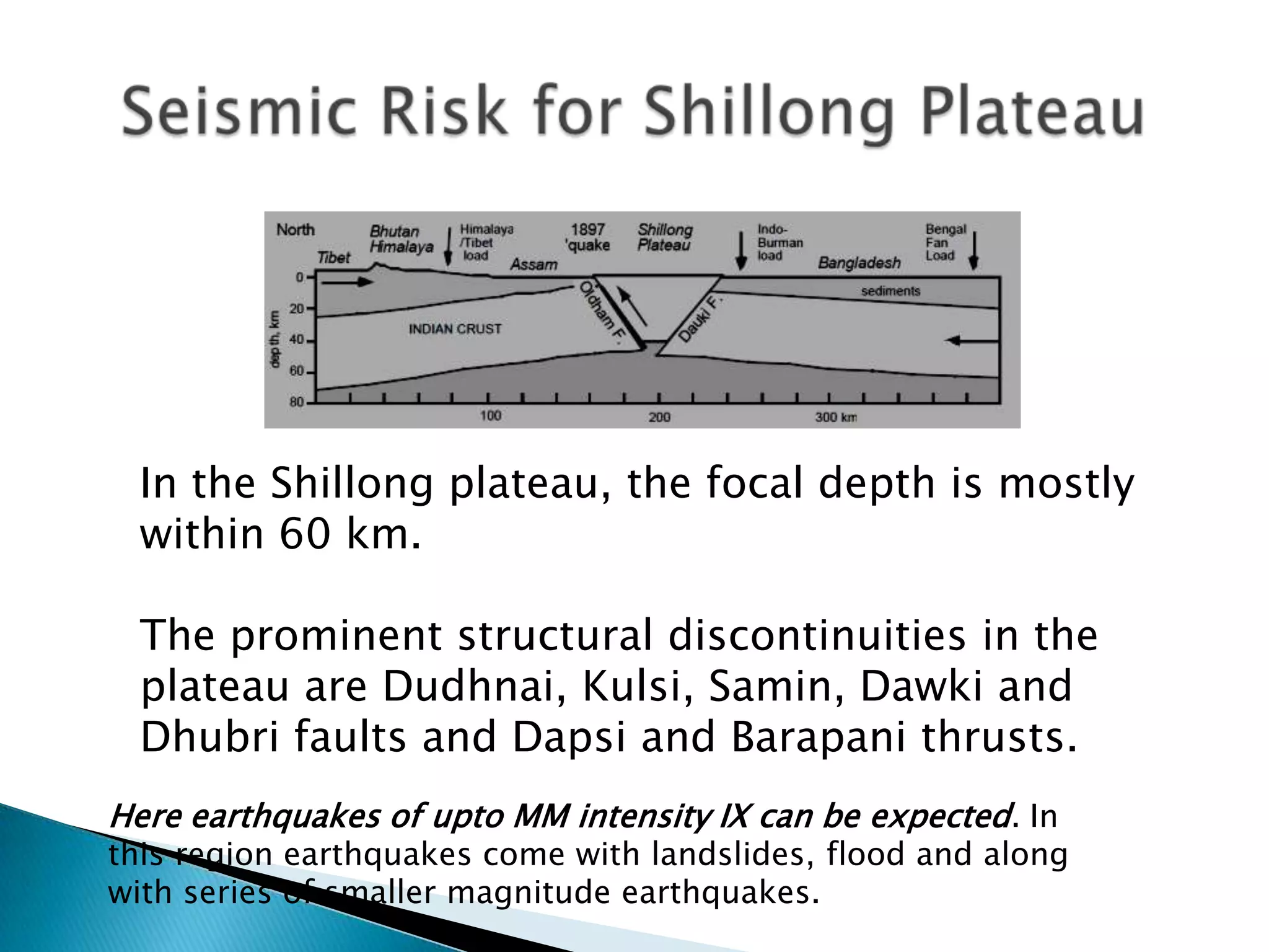 In the Shillong plateau, the focal depth is mostly
  within 60 km.

  The prominent structural discontinuities in the
  plateau are Dudhnai, Kulsi, Samin, Dawki and
  Dhubri faults and Dapsi and Barapani thrusts.
Here earthquakes of upto MM intensity IX can be expected. In
this region earthquakes come with landslides, flood and along
with series of smaller magnitude earthquakes.
 