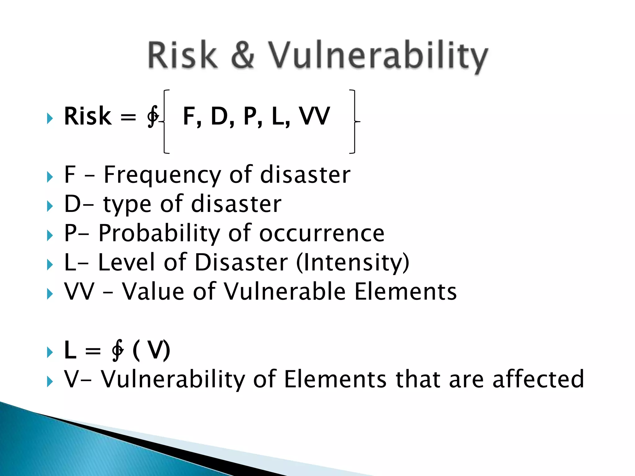    Risk = ∲ F, D, P, L, VV

   F – Frequency of disaster
   D- type of disaster
   P- Probability of occurrence
   L- Level of Disaster (Intensity)
   VV – Value of Vulnerable Elements

   L = ∲ ( V)
   V- Vulnerability of Elements that are affected
 