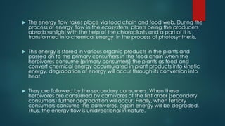  The energy flow takes place via food chain and food web. During the
process of energy flow in the ecosystem, plants being the producers
absorb sunlight with the help of the chloroplasts and a part of it is
transformed into chemical energy in the process of photosynthesis.
 This energy is stored in various organic products in the plants and
passed on to the primary consumers in the food chain when the
herbivores consume (primary consumers) the plants as food and
convert chemical energy accumulated in plant products into kinetic
energy, degradation of energy will occur through its conversion into
heat.
 They are followed by the secondary consumers. When these
herbivores are consumed by carnivores of the first order (secondary
consumers) further degradation will occur. Finally, when tertiary
consumers consume the carnivores, again energy will be degraded.
Thus, the energy flow is unidirectional in nature.
 