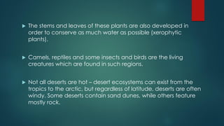  The stems and leaves of these plants are also developed in
order to conserve as much water as possible (xerophytic
plants).
 Camels, reptiles and some insects and birds are the living
creatures which are found in such regions.
 Not all deserts are hot – desert ecosystems can exist from the
tropics to the arctic, but regardless of latitude, deserts are often
windy. Some deserts contain sand dunes, while others feature
mostly rock.
 