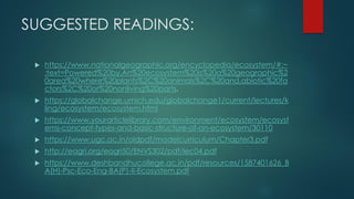 SUGGESTED READINGS:
 https://www.nationalgeographic.org/encyclopedia/ecosystem/#:~
:text=Powered%20by,An%20ecosystem%20is%20a%20geographic%2
0area%20where%20plants%2C%20animals%2C%20and,abiotic%20fa
ctors%2C%20or%20nonliving%20parts.
 https://globalchange.umich.edu/globalchange1/current/lectures/k
ling/ecosystem/ecosystem.html
 https://www.yourarticlelibrary.com/environment/ecosystem/ecosyst
ems-concept-types-and-basic-structure-of-an-ecosystem/30110
 https://www.ugc.ac.in/oldpdf/modelcurriculum/Chapter3.pdf
 http://eagri.org/eagri50/ENVS302/pdf/lec04.pdf
 https://www.deshbandhucollege.ac.in/pdf/resources/1587401626_B
A(H)-Psc-Eco-Eng-BA(P)-II-Ecosystem.pdf
 