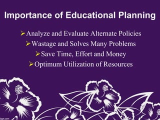 Importance of Educational Planning
Analyze and Evaluate Alternate Policies
Wastage and Solves Many Problems
Save Time, Effort and Money
Optimum Utilization of Resources
 