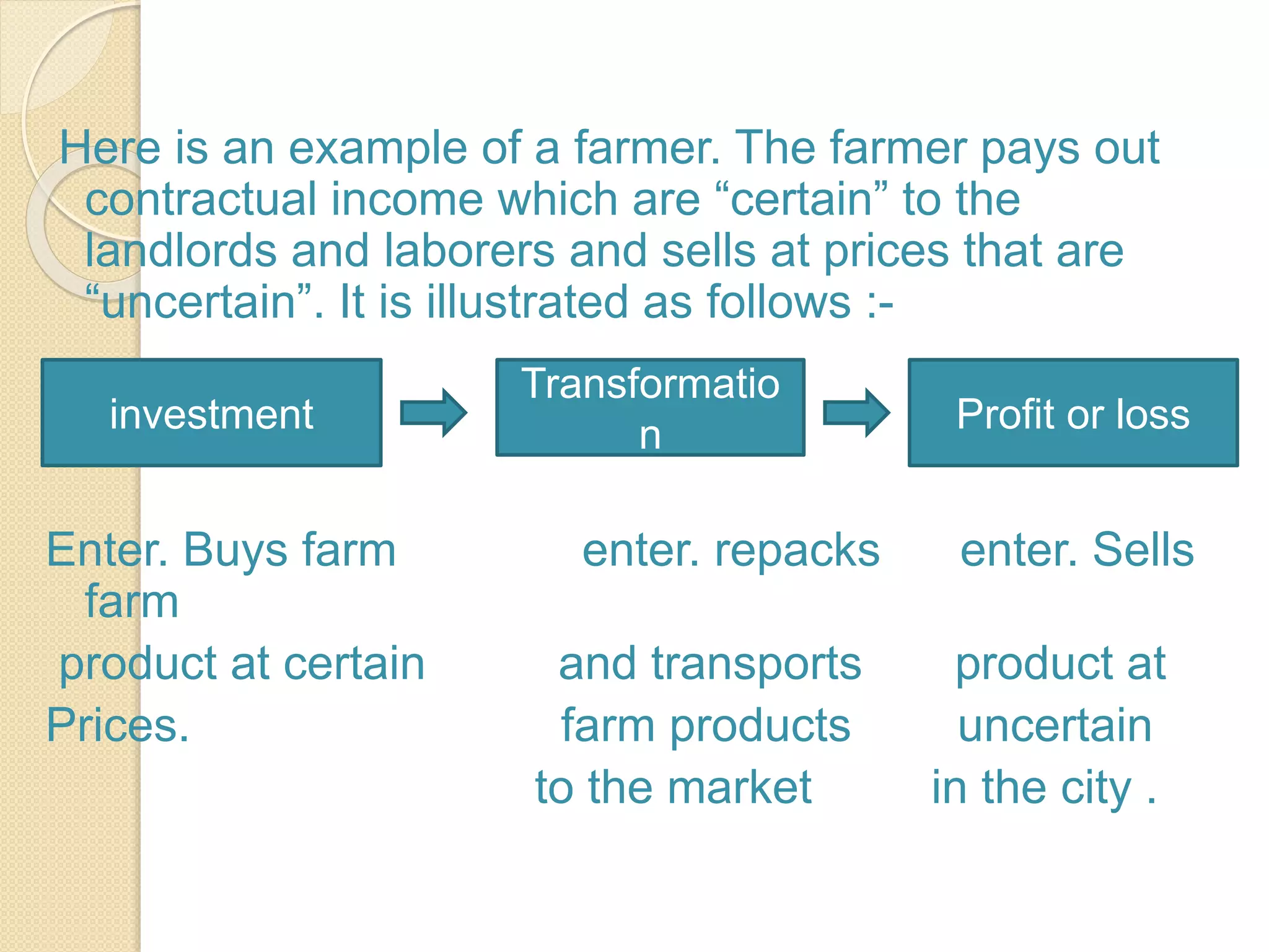 Here is an example of a farmer. The farmer pays out
contractual income which are “certain” to the
landlords and laborers and sells at prices that are
“uncertain”. It is illustrated as follows :-
Enter. Buys farm enter. repacks enter. Sells
farm
product at certain and transports product at
Prices. farm products uncertain
to the market in the city .
investment
Transformatio
n Profit or loss
 