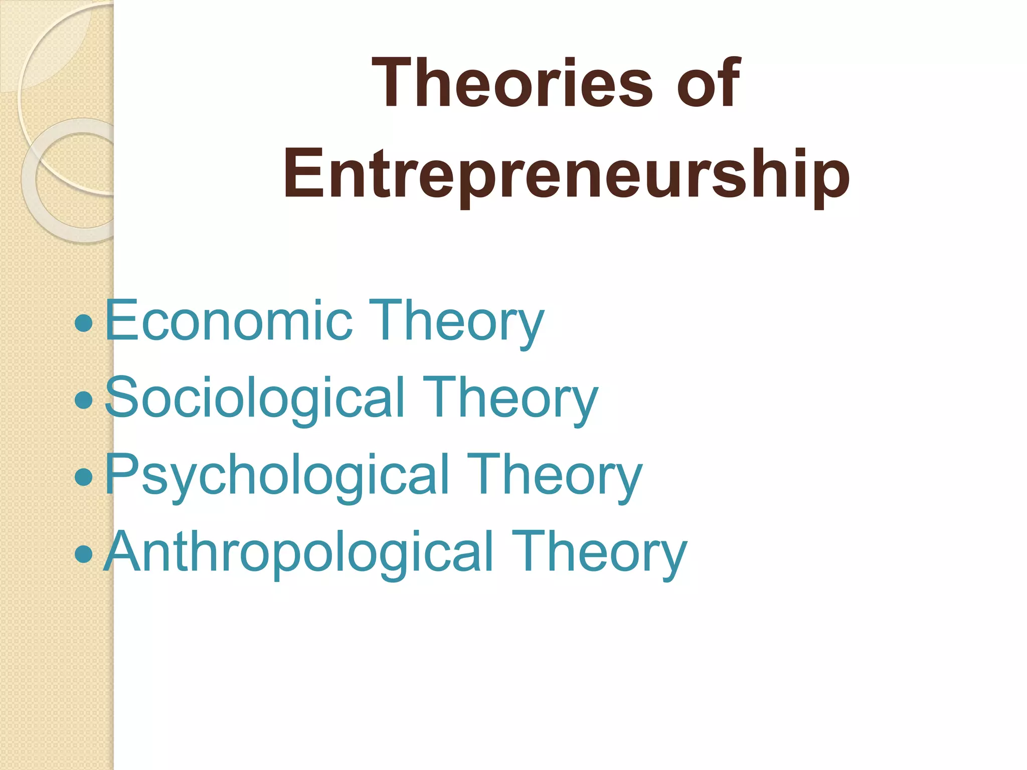 Theories of
Entrepreneurship
Economic Theory
Sociological Theory
Psychological Theory
Anthropological Theory
 