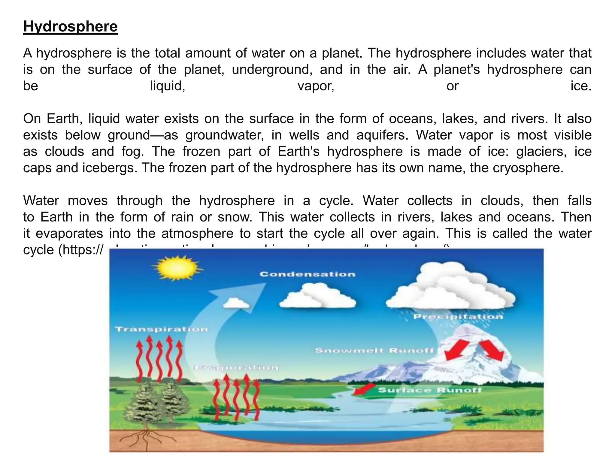 Hydrosphere
A hydrosphere is the total amount of water on a planet. The hydrosphere includes water that
is on the surface of the planet, underground, and in the air. A planet's hydrosphere can
be liquid, vapor, or ice.
On Earth, liquid water exists on the surface in the form of oceans, lakes, and rivers. It also
exists below ground—as groundwater, in wells and aquifers. Water vapor is most visible
as clouds and fog. The frozen part of Earth's hydrosphere is made of ice: glaciers, ice
caps and icebergs. The frozen part of the hydrosphere has its own name, the cryosphere.
Water moves through the hydrosphere in a cycle. Water collects in clouds, then falls
to Earth in the form of rain or snow. This water collects in rivers, lakes and oceans. Then
it evaporates into the atmosphere to start the cycle all over again. This is called the water
cycle (https://education.nationalgeographic.org/resource/hydrosphere/)
 
