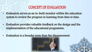 CONCEPT OF EVALUATION
• Evaluation serves as an in-built monitor within the education
system to review the progress in learning from time to time.
• Evaluation provides valuable feedback on the design and the
implementation of the educational programme.
• Evaluation is a broader term than the Measurement.
 