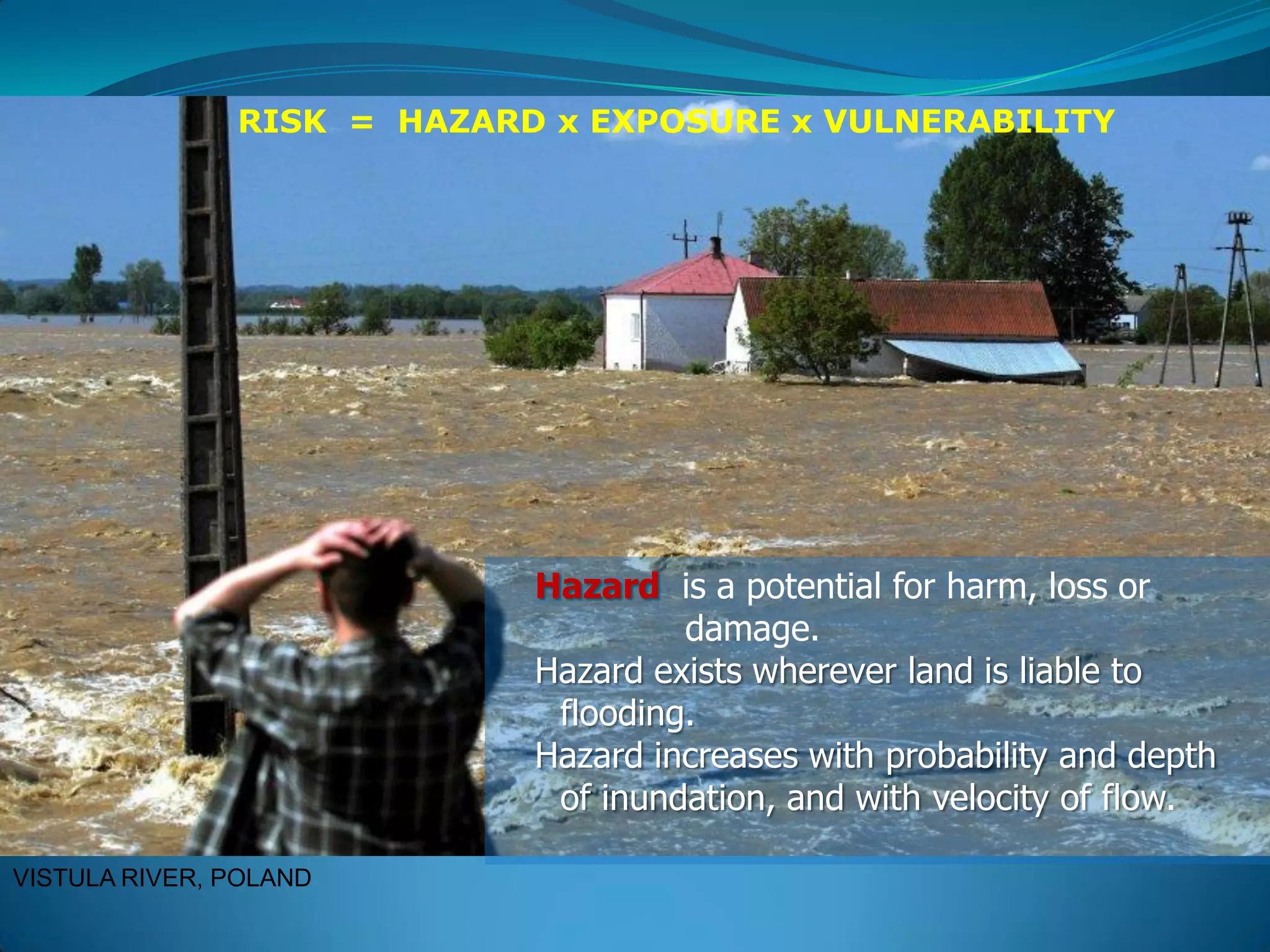 RISK = HAZARD x EXPOSURE x VULNERABILITY
Hazard is a potential for harm, loss or damage.
Hazard exists wherever land is liable to flooding.
Hazard increases with probability and depth of inundation, and
with velocity of flow.
RISK = HAZARD x EXPOSURE x VULNERABILITY
Hazard is a potential for harm, loss or
damage.
Hazard exists wherever land is liable to
flooding.
Hazard increases with probability and depth
of inundation, and with velocity of flow.
VISTULA RIVER, POLAND
 