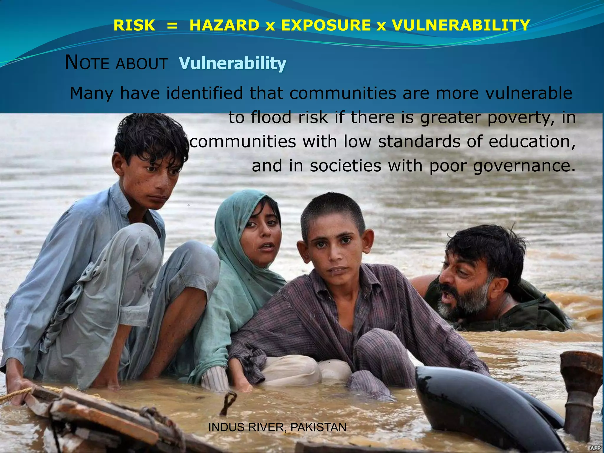 NOTE ABOUT Vulnerability
Many have identified that communities are more vulnerable
to flood risk if there is greater poverty, in
communities with low standards of education,
and in societies with poor governance.
RISK = HAZARD x EXPOSURE x VULNERABILITY
INDUS RIVER, PAKISTAN
 