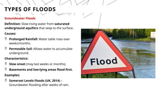 TYPES OF FLOODS
Groundwater Floods
Definition: Slow-rising water from saturated
underground aquifers that seep to the surface.
Causes:
 Prolonged Rainfall: Water table rises over
weeks/months.
 Permeable Soil: Allows water to accumulate
underground.
Characteristics:
 Slow onset (may last weeks or months).
 Basements and low-lying areas flood first.
Examples:
 Somerset Levels Floods (UK, 2014) –
Groundwater flooding after weeks of rain.
 