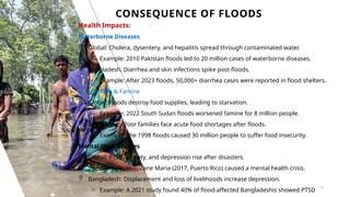 CONSEQUENCE OF FLOODS
15
Health Impacts:
Waterborne Diseases
 Global: Cholera, dysentery, and hepatitis spread through contaminated water.
o Example: 2010 Pakistan floods led to 20 million cases of waterborne diseases.
 Bangladesh: Diarrhea and skin infections spike post-floods.
o Example: After 2023 floods, 50,000+ diarrhea cases were reported in flood shelters.
Malnutrition & Famine
 Global: Floods destroy food supplies, leading to starvation.
o Example: 2022 South Sudan floods worsened famine for 8 million people.
 Bangladesh: Poor families face acute food shortages after floods.
o Example: The 1998 floods caused 30 million people to suffer food insecurity.
Mental Health Issues
 Global: PTSD, anxiety, and depression rise after disasters.
o Example: Hurricane Maria (2017, Puerto Rico) caused a mental health crisis.
 Bangladesh: Displacement and loss of livelihoods increase depression.
o Example: A 2021 study found 40% of flood-affected Bangladeshis showed PTSD
 