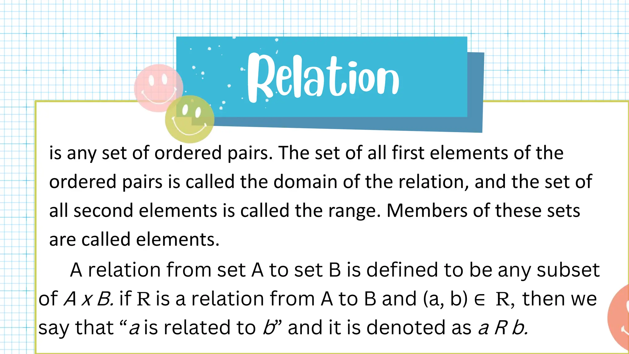 is any set of ordered pairs. The set of all first elements of the
ordered pairs is called the domain of the relation, and the set of
all second elements is called the range. Members of these sets
are called elements.
A relation from set A to set B is defined to be any subset
of A x B. if R is a relation from A to B and (a, b) ∈ R, then we
say that “a is related to b” and it is denoted as a R b.
 