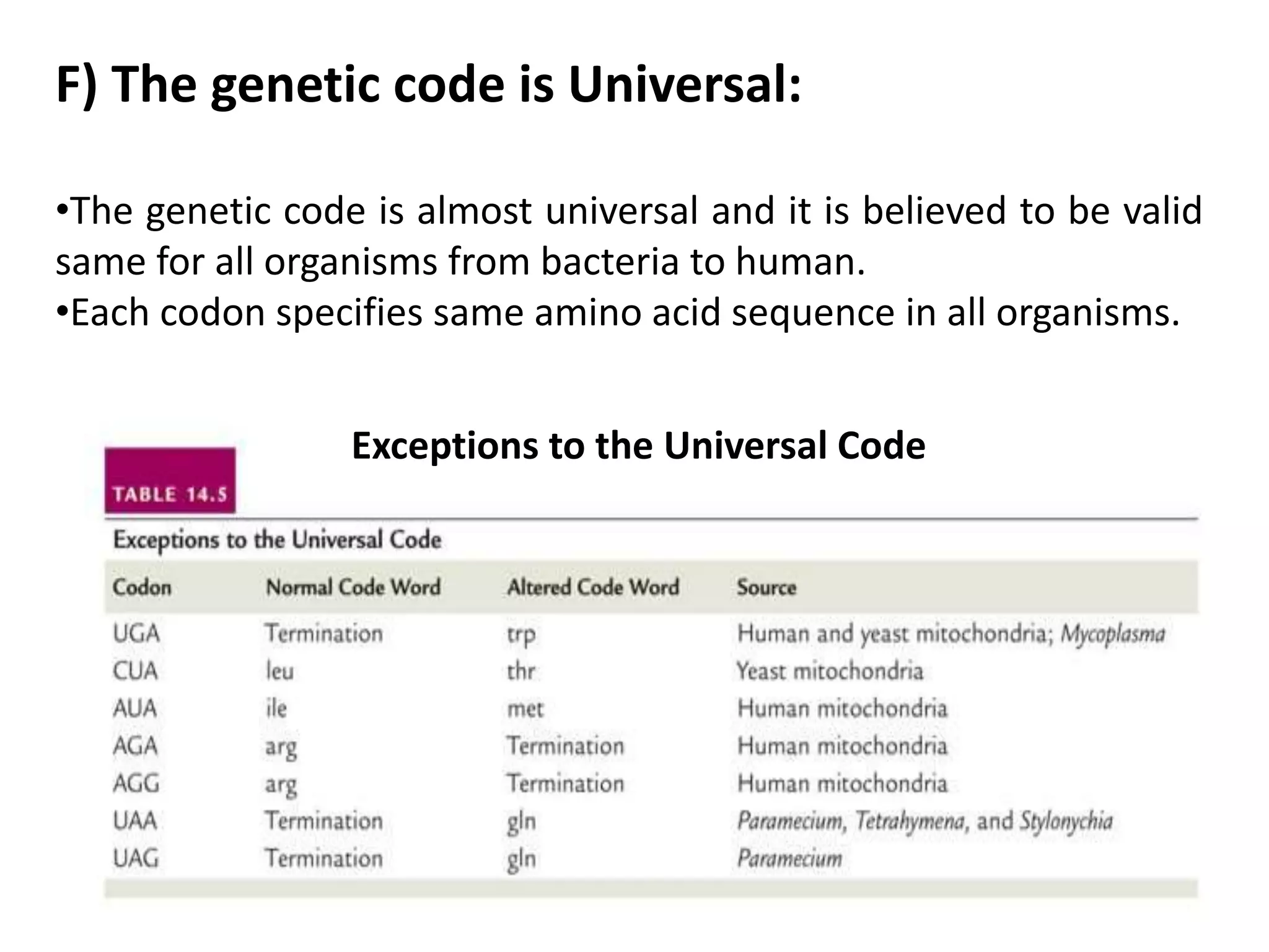 F) The genetic code is Universal:
•The genetic code is almost universal and it is believed to be valid
same for all organisms from bacteria to human.
•Each codon specifies same amino acid sequence in all organisms.
Exceptions to the Universal Code
 