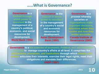 ……What is Governance?
2021
Hagos Gemechu
10
Governance is a the exercise of economic. Political, and administrative
authority to manage country's affairs at all level. It comprises the
mechanisms, processes, and institutions through which citizens and
groups articulate their interests, exercise their legal rights, meet their
obligations and mendate their differences.
UNDP (1997)
Governance is the
manner in which
power is exercised
in the management
of a country's social
and economic
resources for
development.
Asian Development
Bank (1995)
Governance is a
process whereby
societies or
organizations make
important decisions,
determine whom they
involve and how they
render accounts.
Canada Institute of
Governance (2002)
Governance is a
method through
which power is
exercised in the
management of a
country's political,
economic, and social
resources for
development.
World Bank (1992)
 