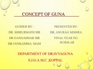 CONCEPT OF GUNA
GUIDED BY :
DR. SHIRURMATH SIR
DR GANGADHAR SIR
DR.VENKAMMA MAM
PRESENTED BY:
DR. ANURAG MISHRA
FINAL YEAR P.G
SCHOLAR
DEPARTMENT OF DRAVYAGUNA
S.J.G.A.M.C ,KOPPAL 1
 