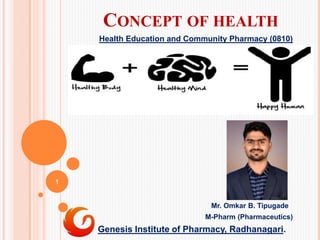 CONCEPT OF HEALTH
Health Education and Community Pharmacy (0810)
Mr. Omkar B. Tipugade
M-Pharm (Pharmaceutics)
Genesis Institute of Pharmacy, Radhanagari.
1
 