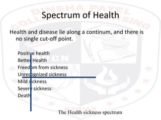 Spectrum concept of health
• Emphasizes that the health of an individual is
not static.
• It is a dynamic phenomenon and a...