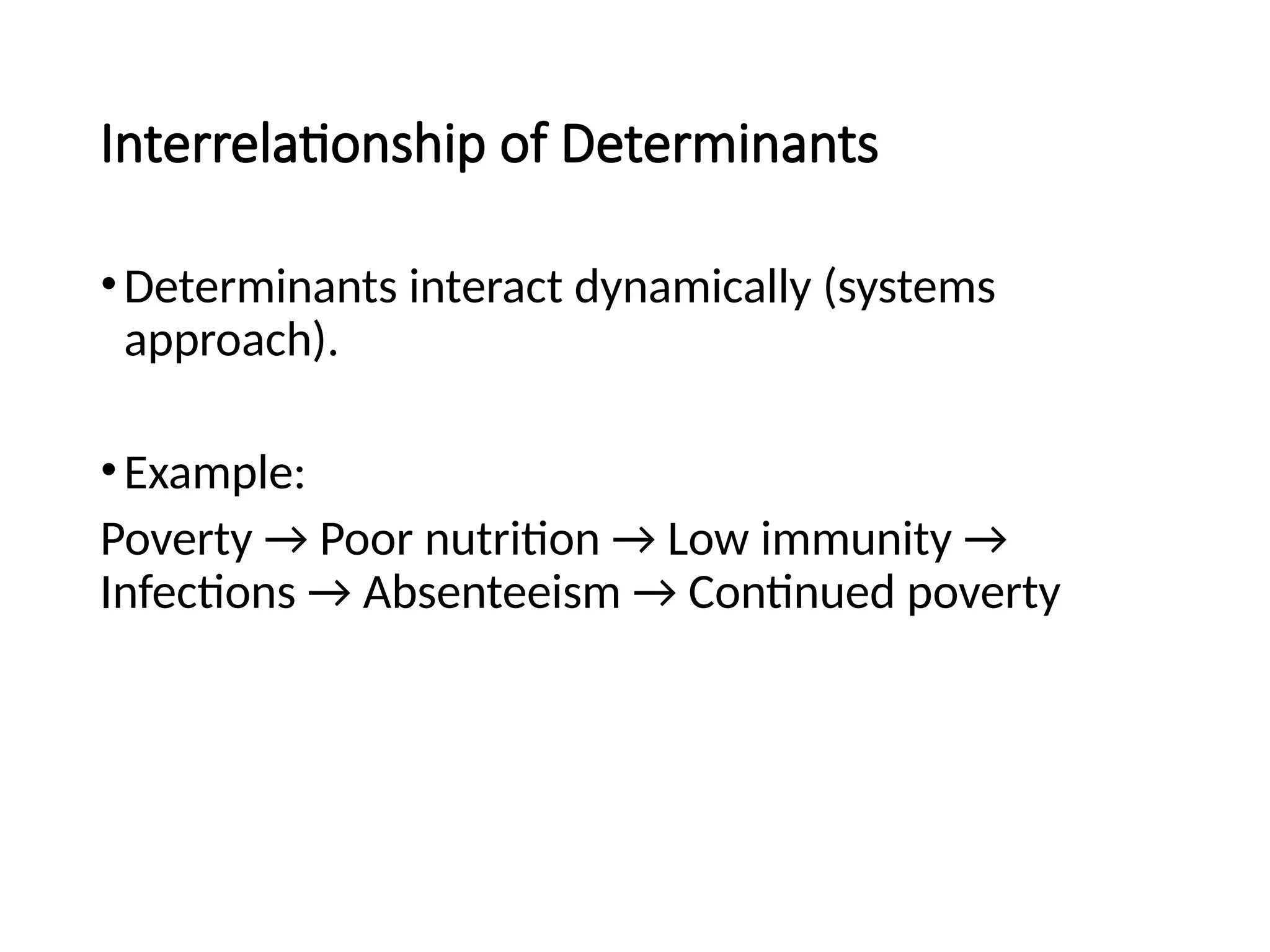 Interrelationship of Determinants
•Determinants interact dynamically (systems
approach).
•Example:
Poverty → Poor nutrition → Low immunity →
Infections → Absenteeism → Continued poverty
 
