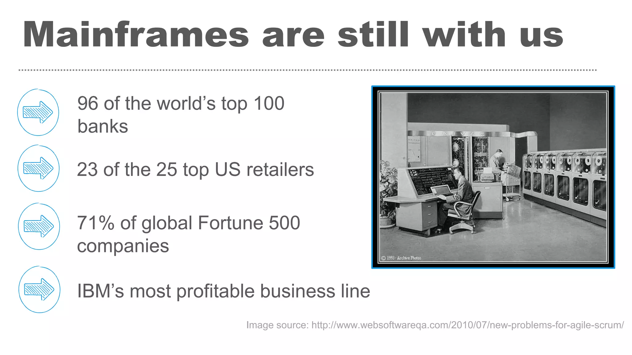 96 of the world’s top 100
banks
71% of global Fortune 500
companies
IBM’s most profitable business line
23 of the 25 top US retailers
Mainframes are still with us
Image source: http://www.websoftwareqa.com/2010/07/new-problems-for-agile-scrum/
 
