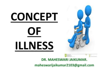 CONCEPT
OF
ILLNESS
DR. MAHESWARI JAIKUMAR.
maheswarijaikumar2103@gmail.com
 