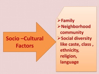 Socio –Cultural
Factors
Family
Neighborhood
community
Social diversity
like caste, class ,
ethnicity,
religion,
language
 