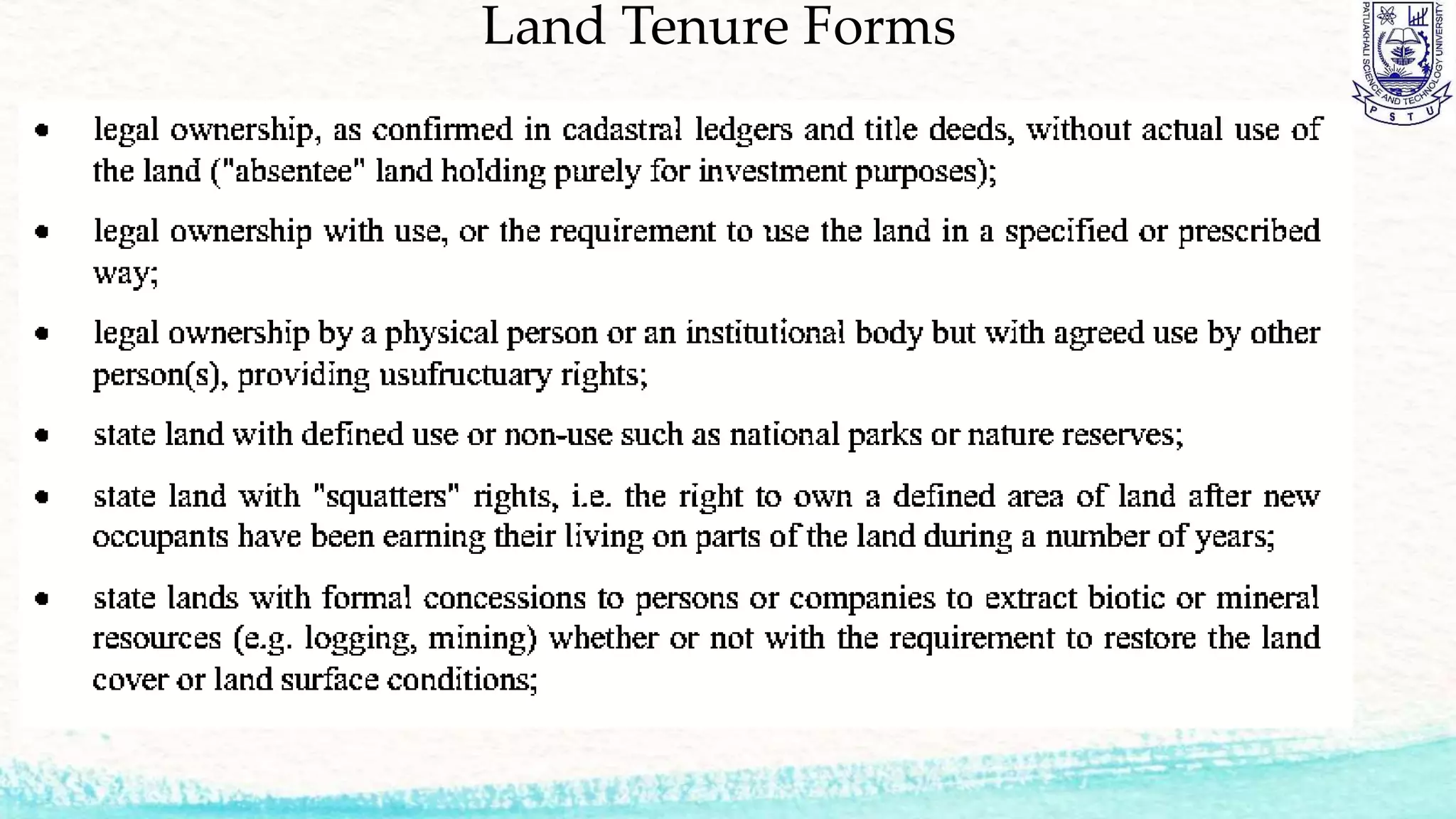 Land Tenure Forms
 