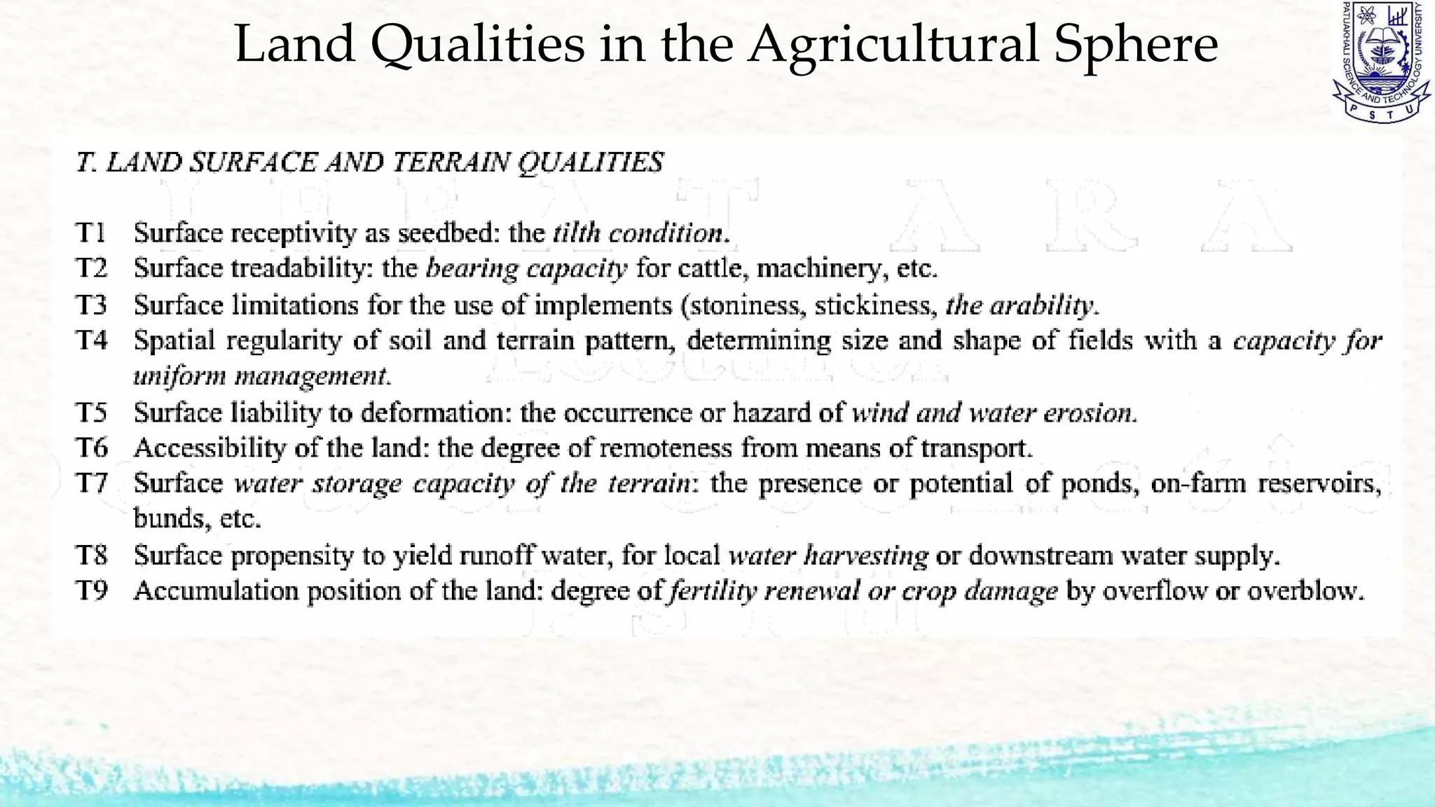 Land Qualities in the Agricultural Sphere
 