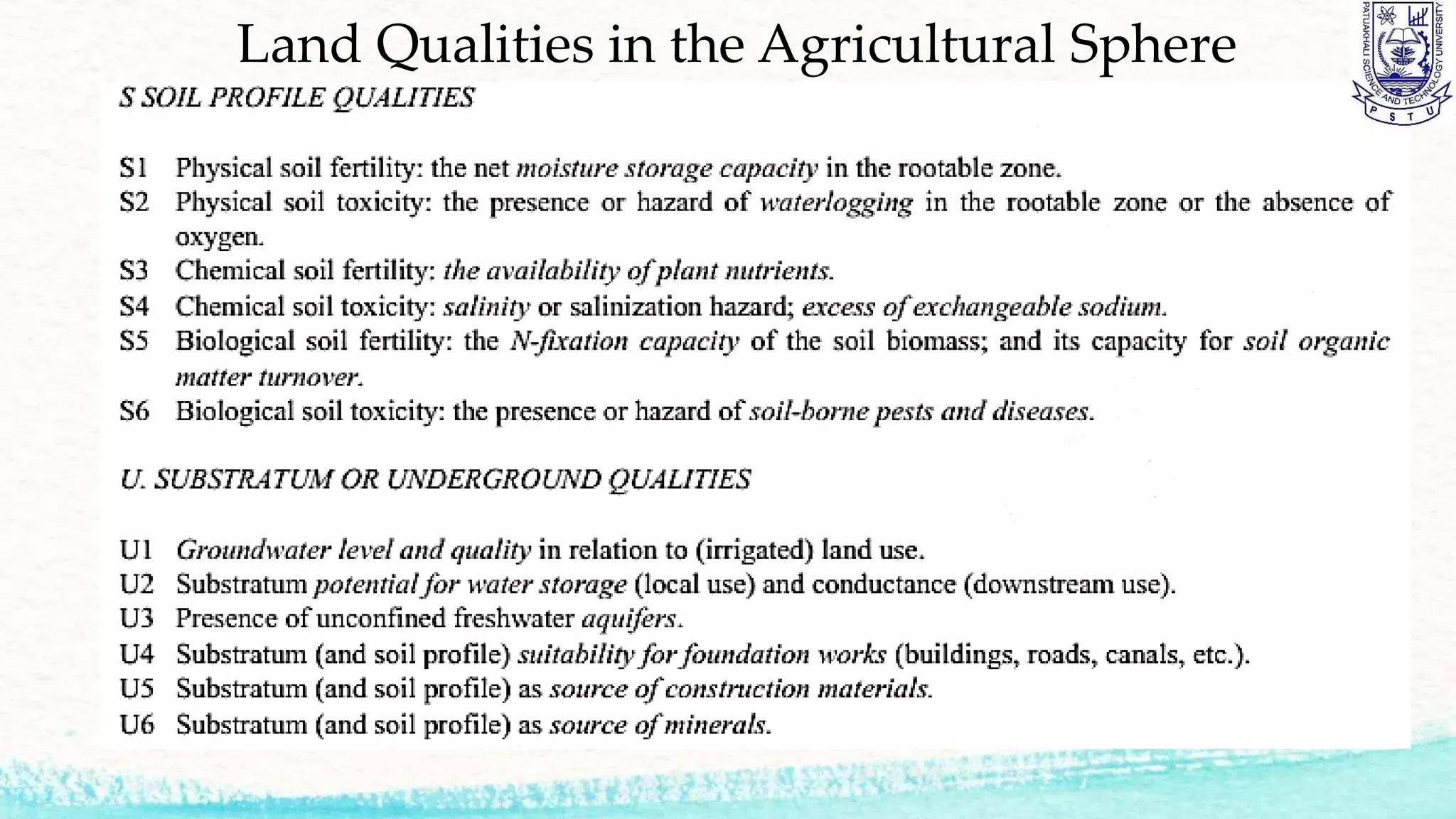 Land Qualities in the Agricultural Sphere
 